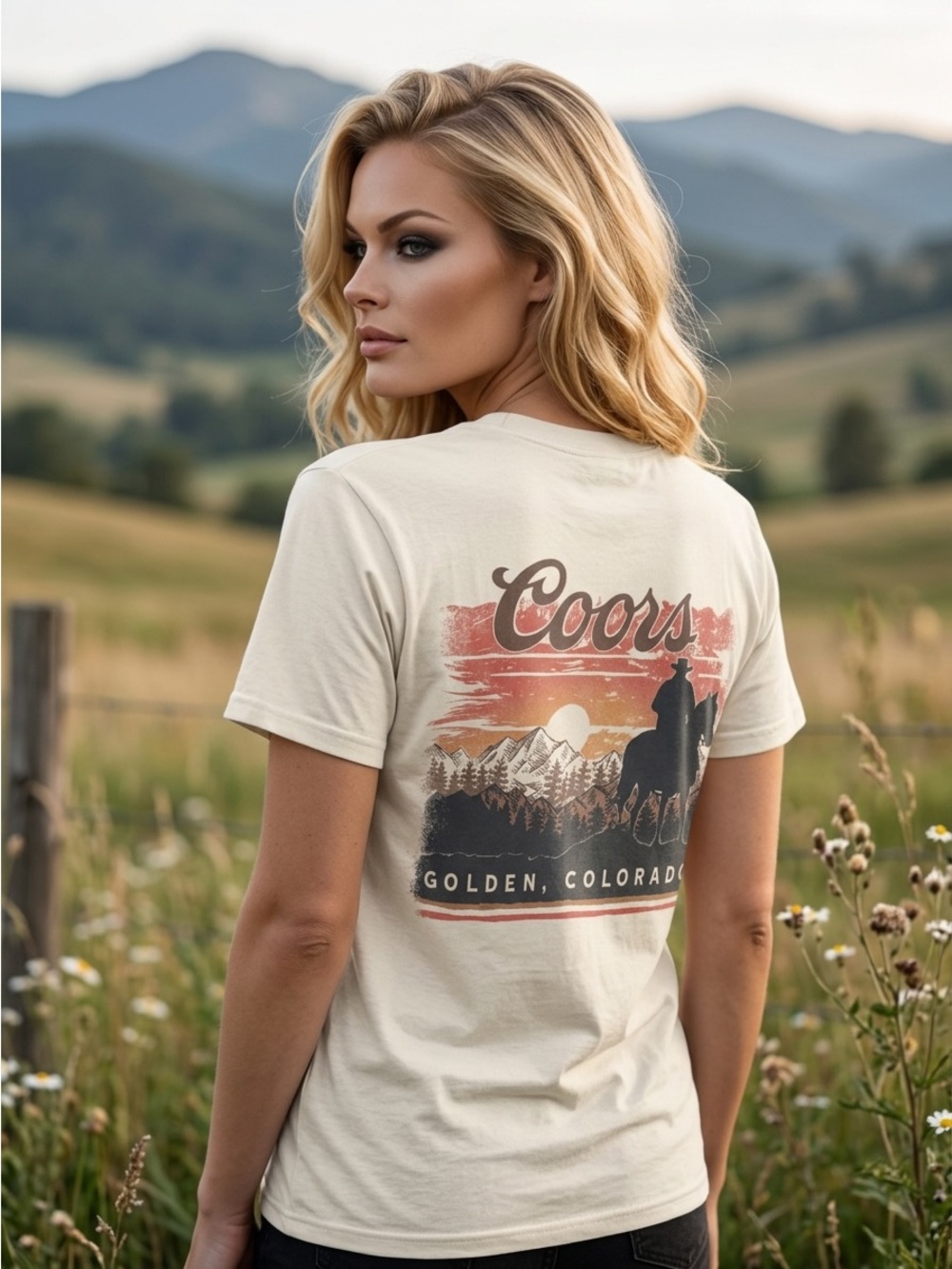 Coors Banquet Cowboy Sunset Graphic T-Shirt, Cream with Sunset Print